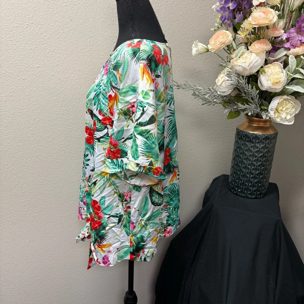 Worthington XXL Tropical Floral Blouse Top Multicolor Short Sleeve Summer Resort - Picture 2 of 7